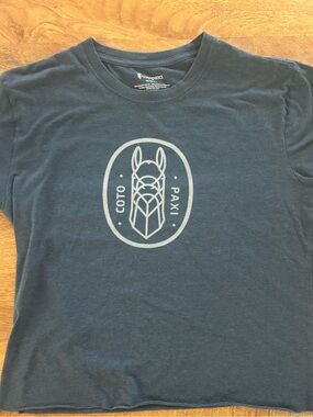 cotopaxi Navy Tee with Light Gray Llama Logo 60% cotton 40% recycled polyester
